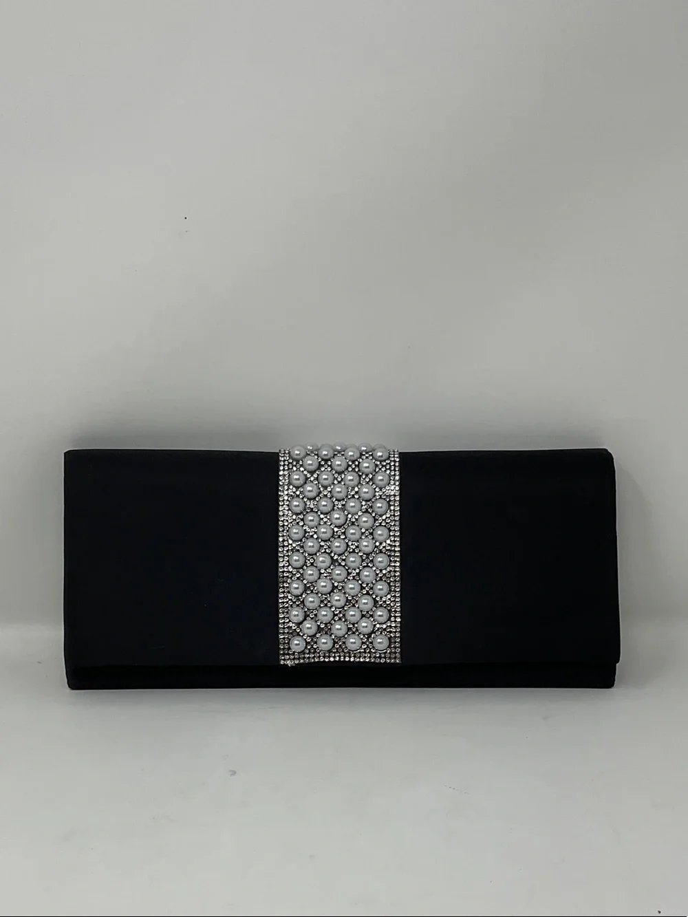Giani Bernini Black Satin Clutch with Pearl & Crystal Band